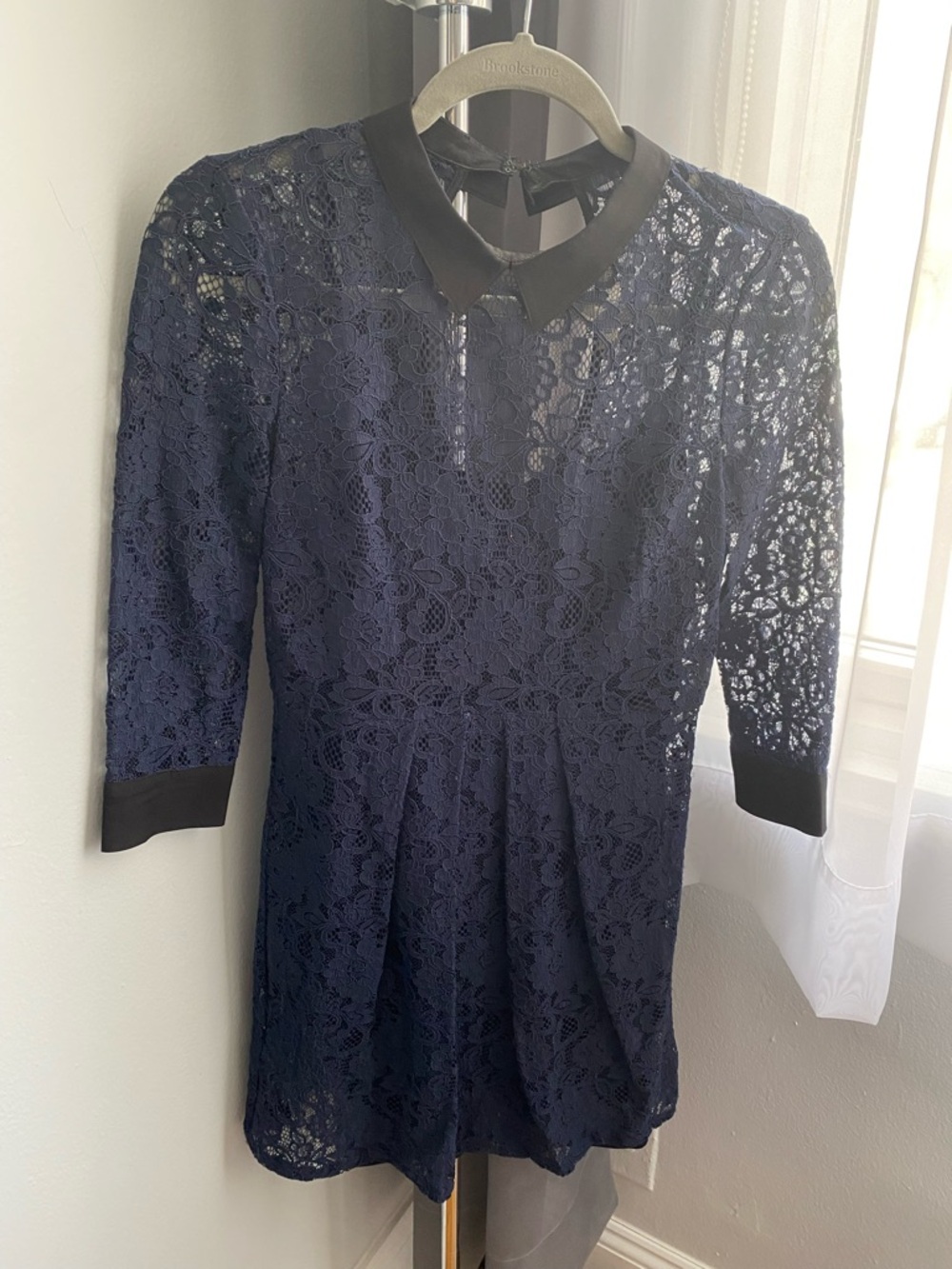 BCBG Lace Fit-and-Flare Dress with Contrasting Collar - Navy